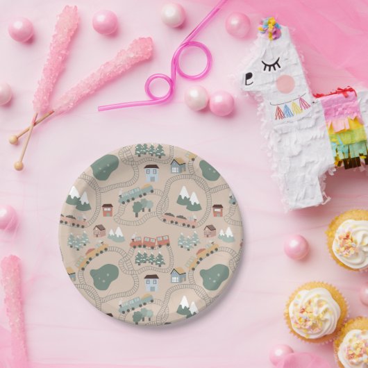 可愛いカラフル電車で子どもたちを追うパターン ペーパープレート (パーティー)