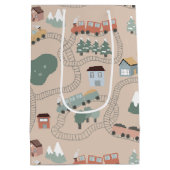 可愛いカラフル電車で子どもたちを追うパターン ミディアムペーパーバッグ (裏面)