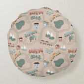 可愛いカラフル電車で子どもたちを追うパターン ラウンドクッション (裏面)