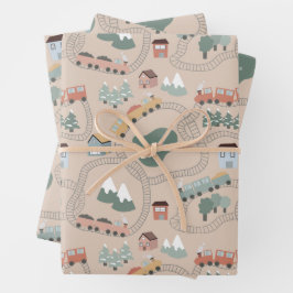 可愛いカラフル電車で子どもたちを追うパターン ラッピングペーパーシート