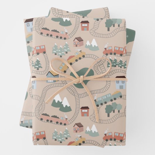 可愛いカラフル電車で子どもたちを追うパターン ラッピングペーパーシート (インサイチュ)