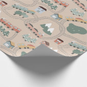 可愛いカラフル電車で子どもたちを追うパターン ラッピングペーパー (角)