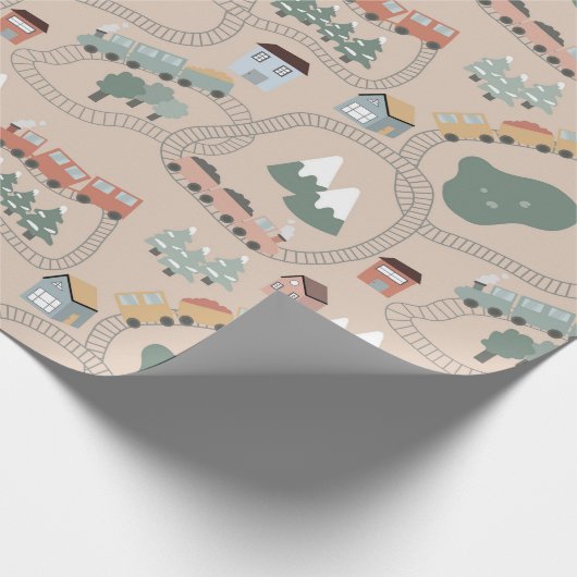 可愛いカラフル電車で子どもたちを追うパターン ラッピングペーパー (角)