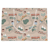 可愛いカラフル電車で子どもたちを追うパターン ラージペーパーバッグ (正面)