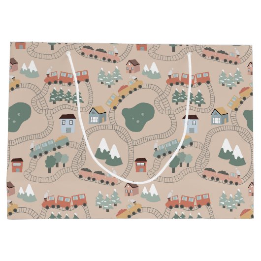 可愛いカラフル電車で子どもたちを追うパターン ラージペーパーバッグ (裏面)