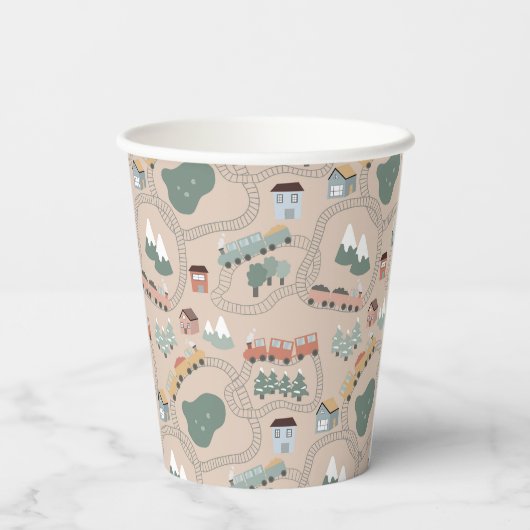 可愛いカラフル電車で子どもたちを追うパターン 紙コップ (裏面)