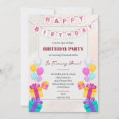 可愛いカラフル風船&ギフト子供の誕生日パーティー 招待状 (正面)