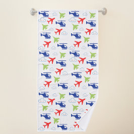可愛いカラフル飛行機と雲の飛行士おもしろい バスタオル