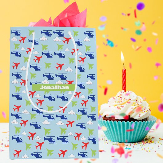 可愛いカラフル飛行機&雲飛び機 ミディアムペーパーバッグ