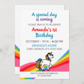 可愛いカラフル魔法の虹ユニコーンの誕生日 招待状 (正面/裏面)