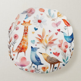 可愛いカラフル鳥獣の花枕の周り ラウンドクッション