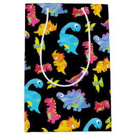 可愛いカラフル黒おもしろいベビー恐竜 ミディアムペーパーバッグ