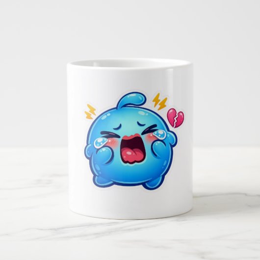 可愛いカワイイ悲しい青いスライムの涙と壊れたハート ジャンボコーヒーマグカップ (正面)