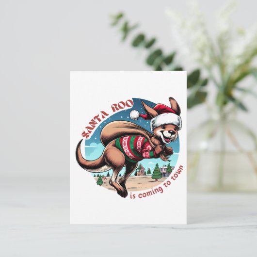 可愛いカンガルーお願いメリークリスマスおもしろいサンタ ポストカード (スタンド正面)