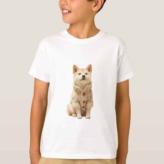 可愛いカーディガンを着た柴犬の子供服 Tシャツ (正面)