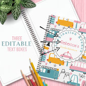 可愛いカーパターンピンク&ティール(緑がかった色)キッドネームスケッチ ノートブック