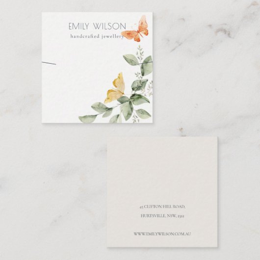 可愛いガーデンの葉蝶ネックレスディスプレイ スクエア名刺 (正面/裏面)