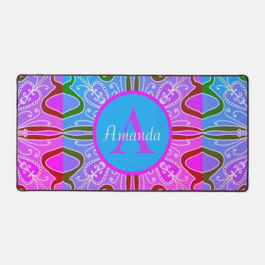 可愛いガーリーお洒落フォークアートピンクパープルブルー デスクマット (正面)