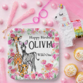可愛いガーリーサファリの友達、キリン、ゼブラ、トラ ペーパープレート (パーティー)