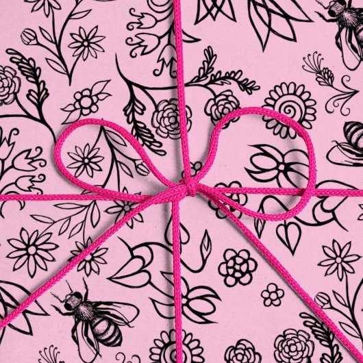 可愛いガーリーハニービーフローラルパターンパステルピンク ラッピングペーパー