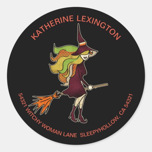 可愛いガーリーハロウィーン魔女のブロムスティックアドレス ラウンドシール (正面)