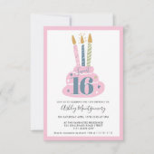 可愛いガーリーパステルピンクのキャンドルケーキ写真Sweet 16 招待状 (正面)
