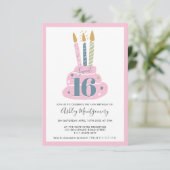 可愛いガーリーパステルピンクのキャンドルケーキ写真Sweet 16 招待状 (スタンド正面)