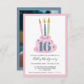 可愛いガーリーパステルピンクのキャンドルケーキ写真Sweet 16 招待状 (正面/裏面)