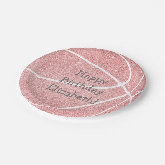 可愛いガーリーピンクのバスケットボール誕生日パーティー ペーパープレート (アングル)