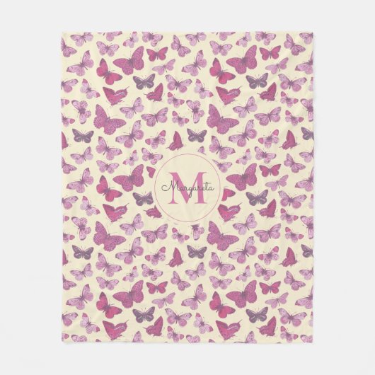 可愛いガーリーピンクの蝶のパターン名モノグラム フリースブランケット (正面)