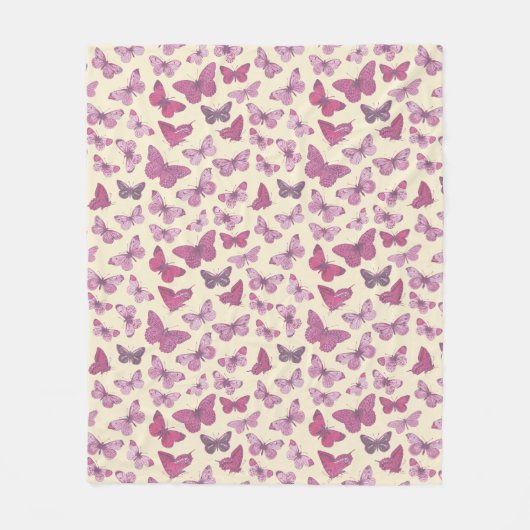 可愛いガーリーピンクの蝶の模様（ベージュ） フリースブランケット (正面)