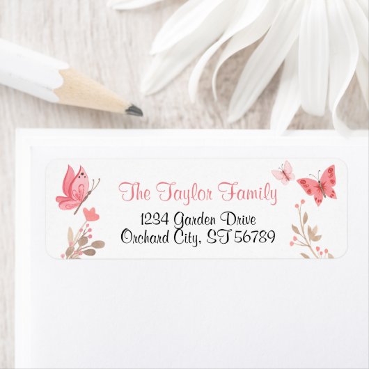 可愛いガーリーフローラピンク蝶リターンメール ラベル (インサイチュ)