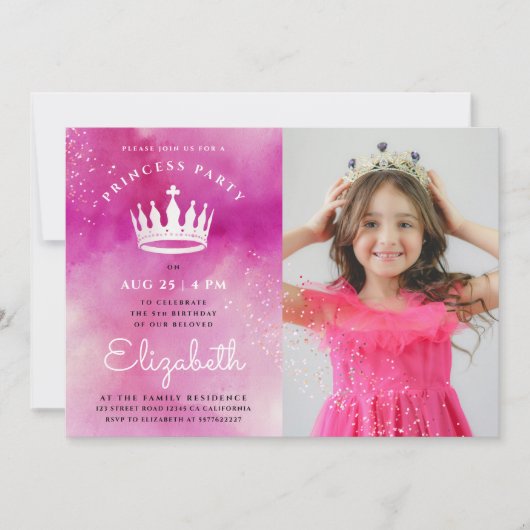 可愛いガーリープリンセスクラウンピンク写真水彩 招待状 (正面)