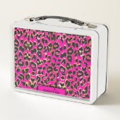 可愛いガーリーホットピンクブラック金ゴールドヒョウ柄 メタルランチボックス (裏面)