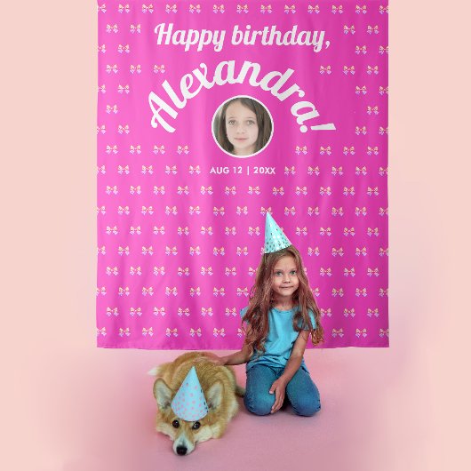 可愛いガーリーホットピンク弓パターンフォトデイウェルカム タペストリー