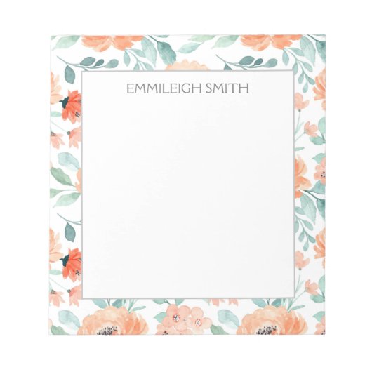 可愛いガーリー桃の花グリーン葉のメモ帳 ノートパッド (正面)