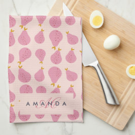 可愛いガーリー洋フェミニン梨のモノグラムのイニシャル キッチンタオル