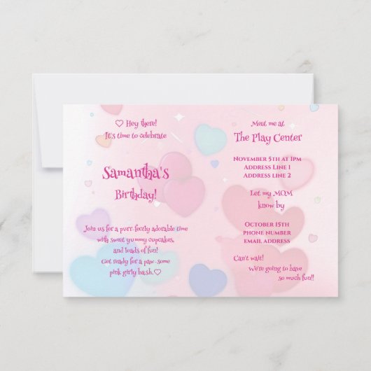 可愛いガーリー白い子猫とカップケーキの誕生日パーティー 招待状 (裏面)