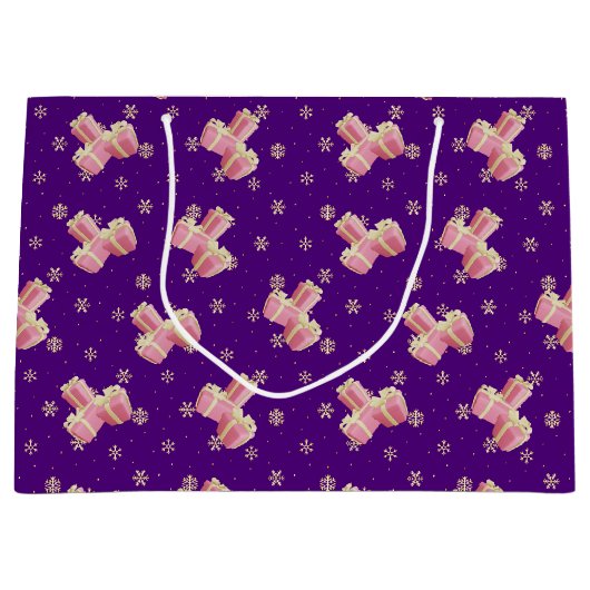 可愛いガーリー金ゴールドパープルピンクのクリスマスプレゼント ラージペーパーバッグ (正面)