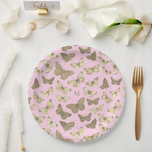 可愛いガーリー金ゴールドピンクバタフライ模様モノグラム ペーパープレート (ウェディング)
