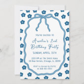 可愛いガーリー青い花と弓の誕生日パーティー 招待状 (正面)