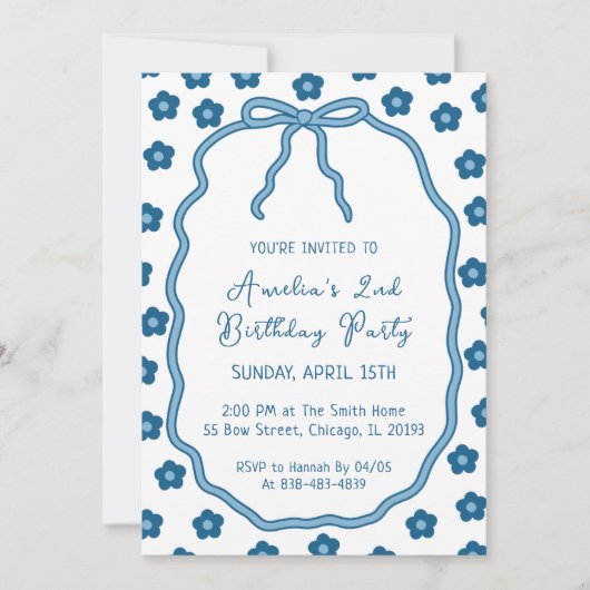 可愛いガーリー青い花と弓の誕生日パーティー 招待状 (正面)