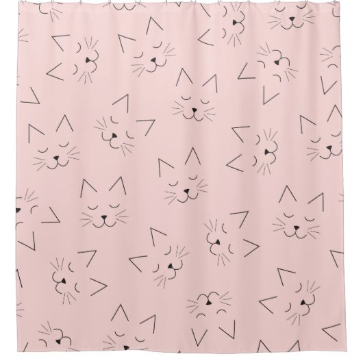 可愛いガーリー黒猫顔ピンク シャワーカーテン (正面)