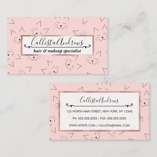 可愛いガーリー黒猫顔ピンク 名刺 (正面/裏面)