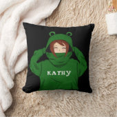 可愛いガールとグリーンカエルフード付スケッチブラックネーム クッション (ブランケット)
