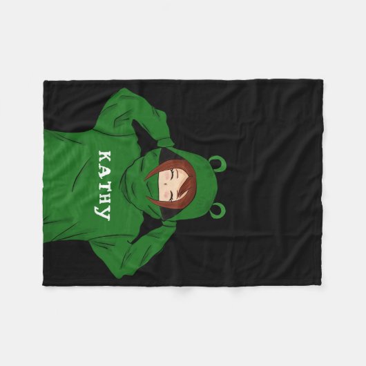 可愛いガールウィンググリーンカエルフード付スケッチブラック フリースブランケット (正面(横))