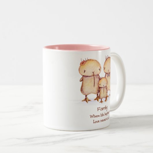 可愛いキウイ鳥と家族 ツートーンマグカップ (正面右)
