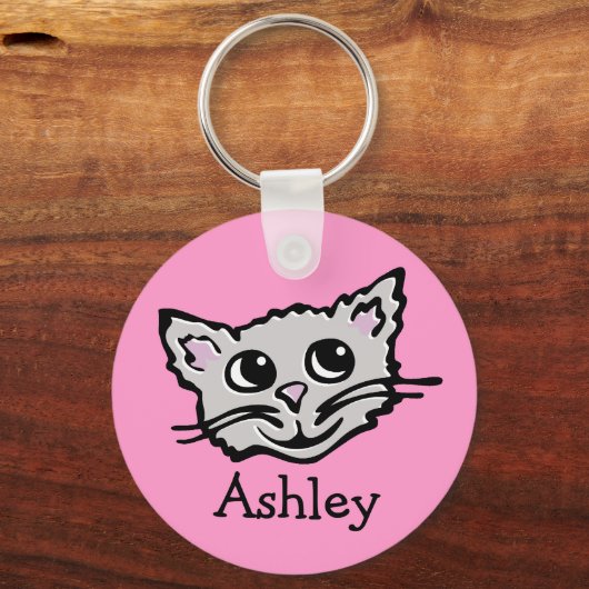 可愛いキッズグラフィック猫ピンクグレーのキーチェーン キーホルダー (正面)