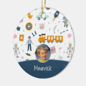 可愛いキッズパターン写真と名前ボーイブルークリスマス セラミックオーナメント (左)