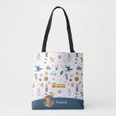 可愛いキッズパターン写真と名前ボーイブルーショッピング トートバッグ (正面)